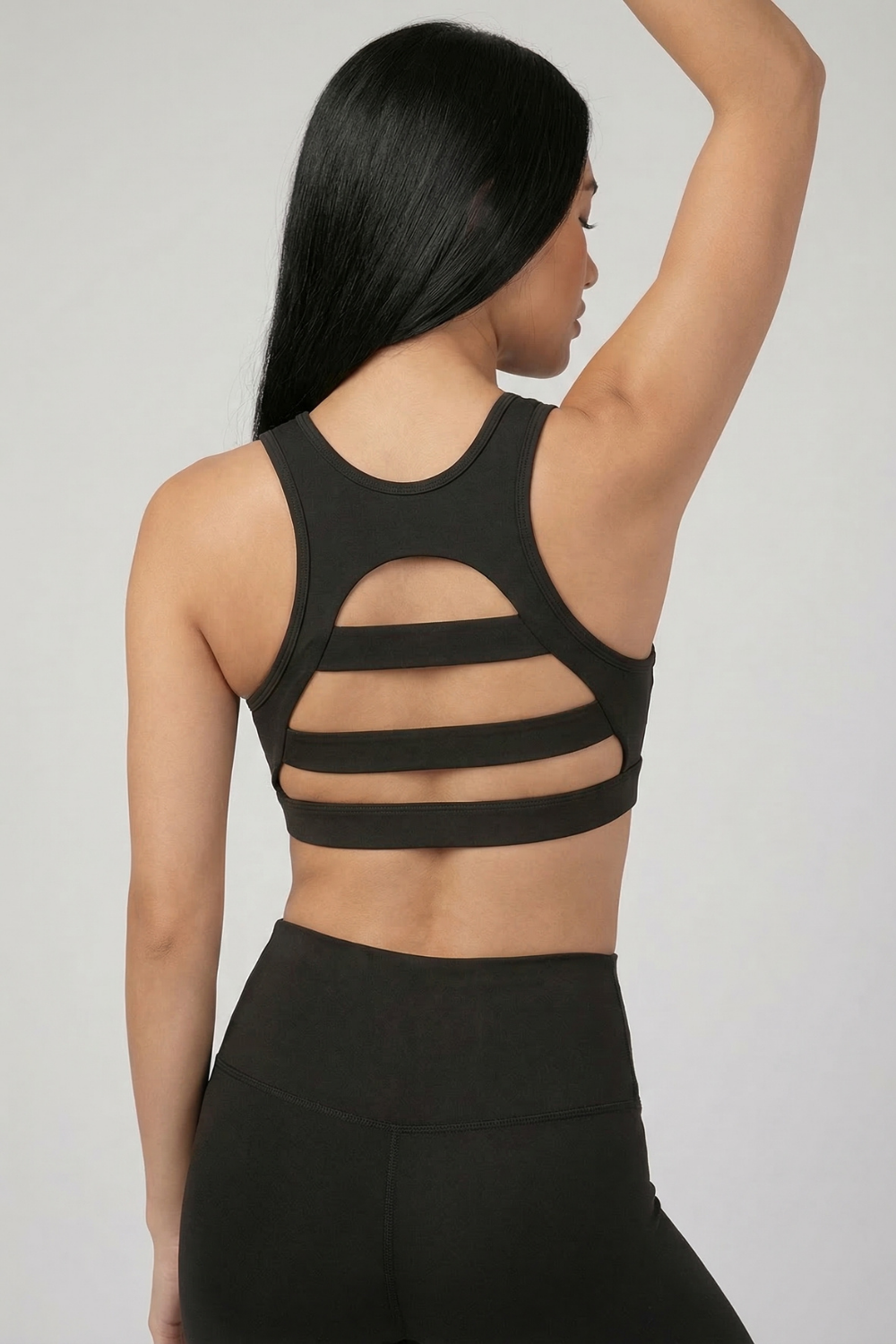Mesh Panel High-Neck Strappy Sports Bra
