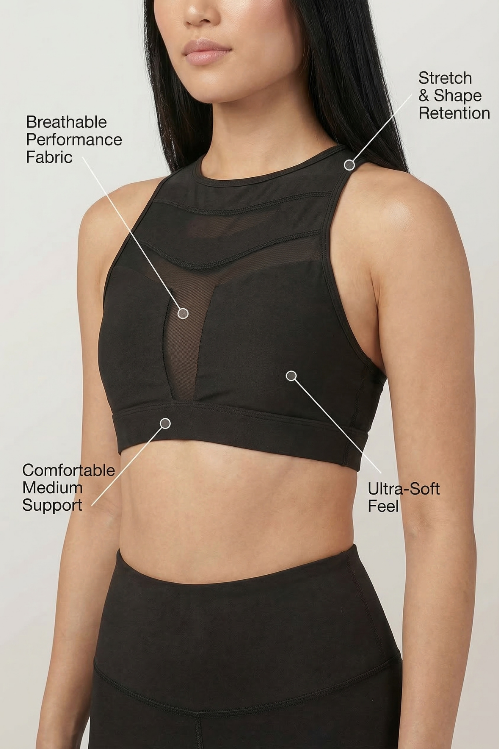 Mesh Panel High-Neck Strappy Sports Bra
