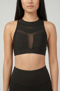 Mesh Panel High-Neck Strappy Sports Bra