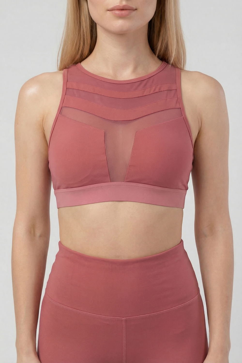 Mesh Panel High-Neck Strappy Sports Bra