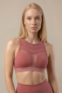 Mesh Panel High-Neck Strappy Sports Bra