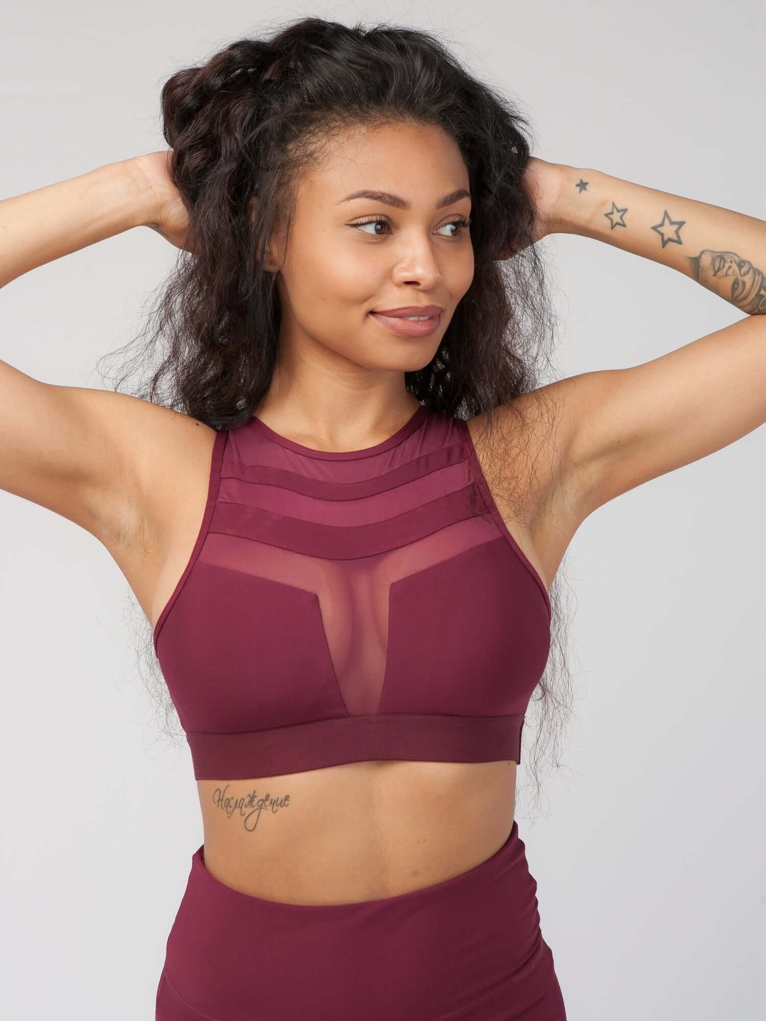 Mesh Panel High-Neck Strappy Sports Bra