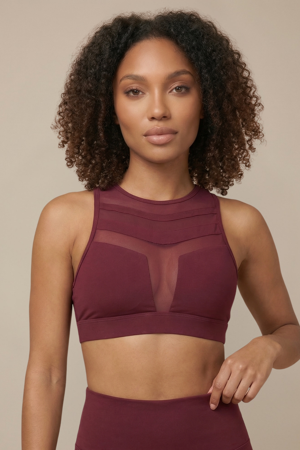 Mesh Panel High-Neck Strappy Sports Bra