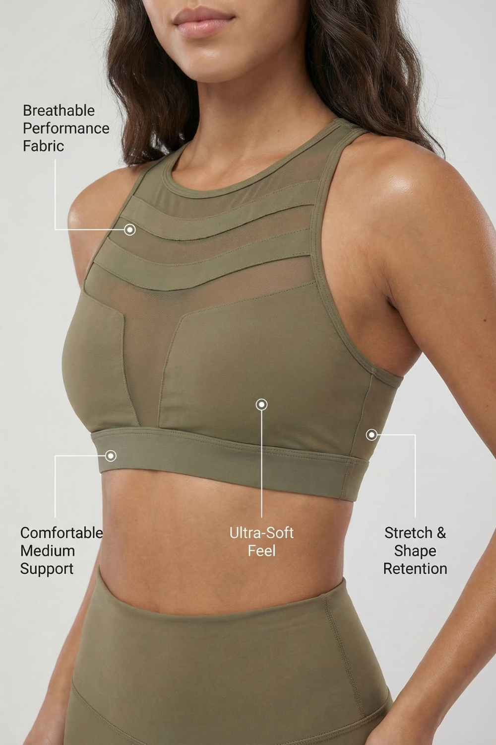 Mesh Panel High-Neck Strappy Sports Bra