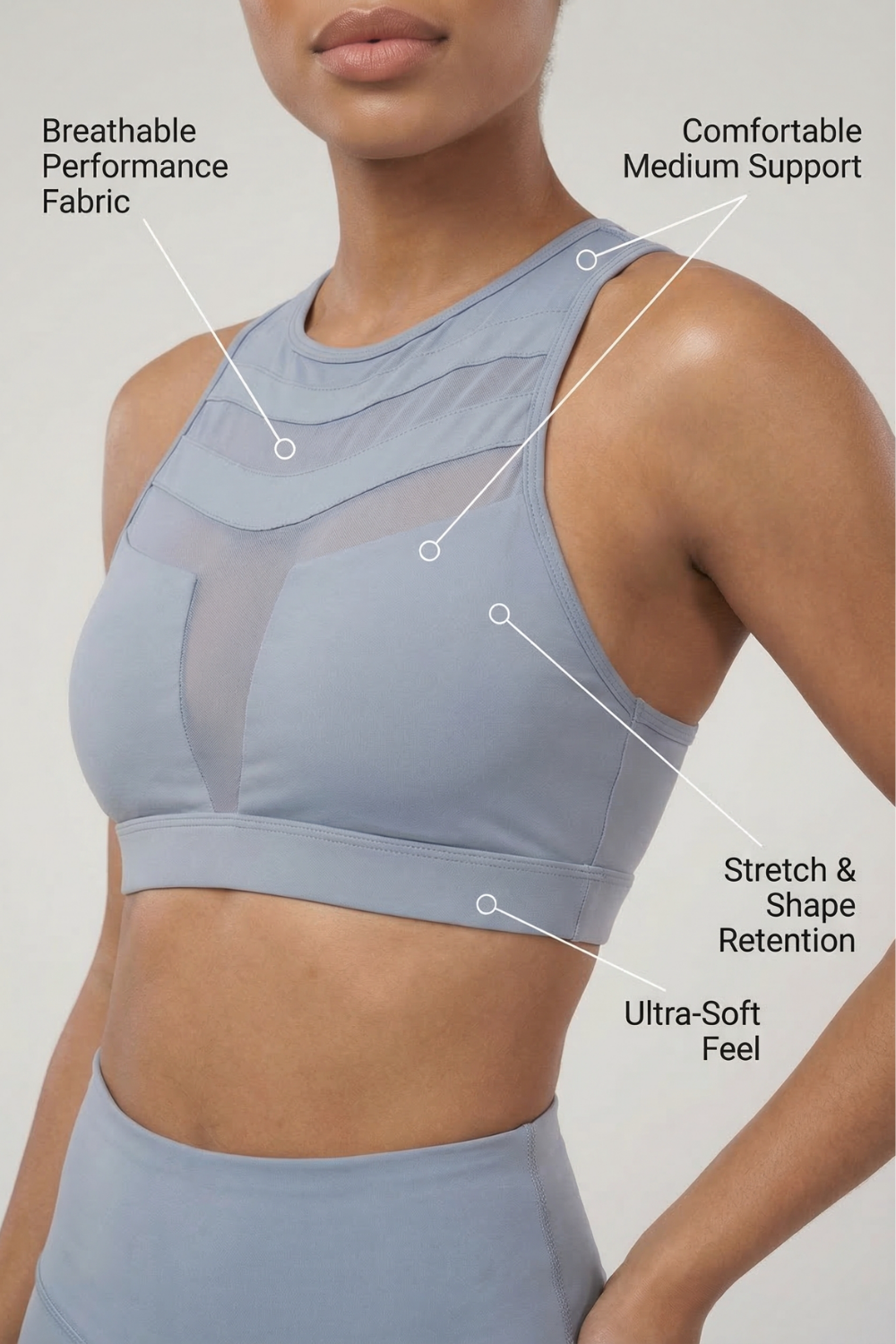 Mesh Panel High-Neck Strappy Sports Bra