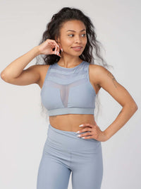Mesh Panel High-Neck Strappy Sports Bra
