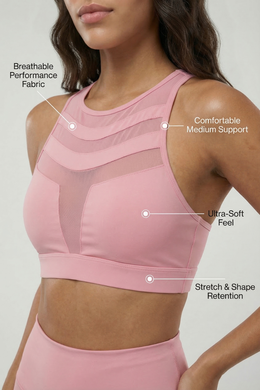 Mesh Panel High-Neck Strappy Sports Bra