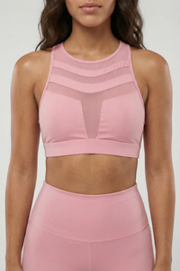 Mesh Panel High-Neck Strappy Sports Bra