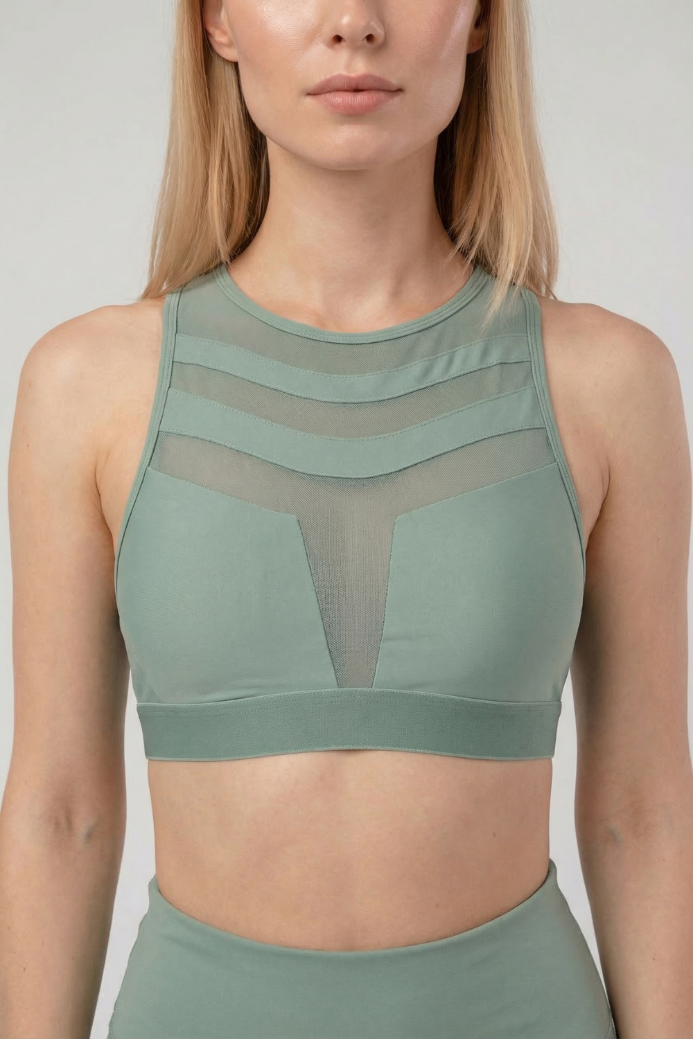 Mesh Panel High-Neck Strappy Sports Bra