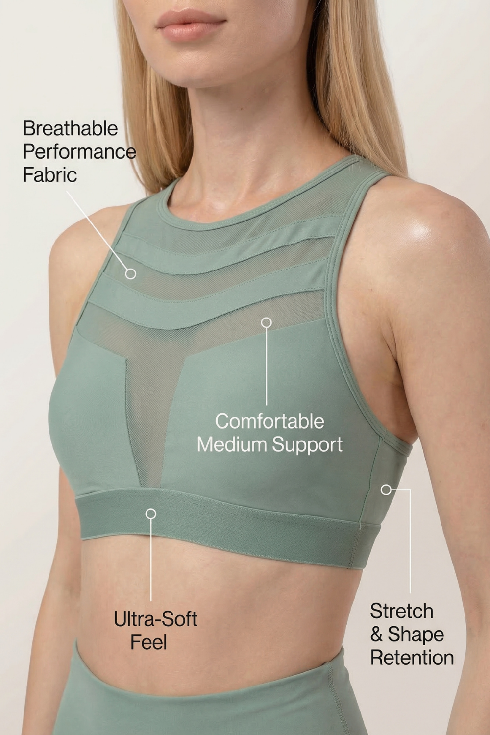 Mesh Panel High-Neck Strappy Sports Bra