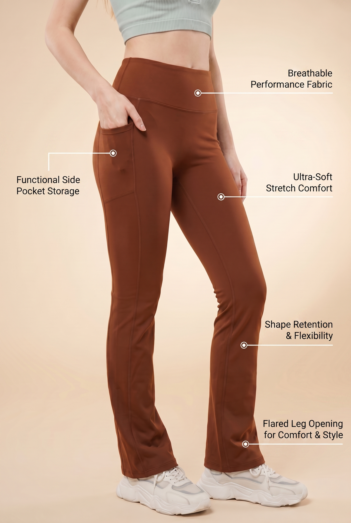 SoftTouch Pocket High-Waist Flare Legging in Brown