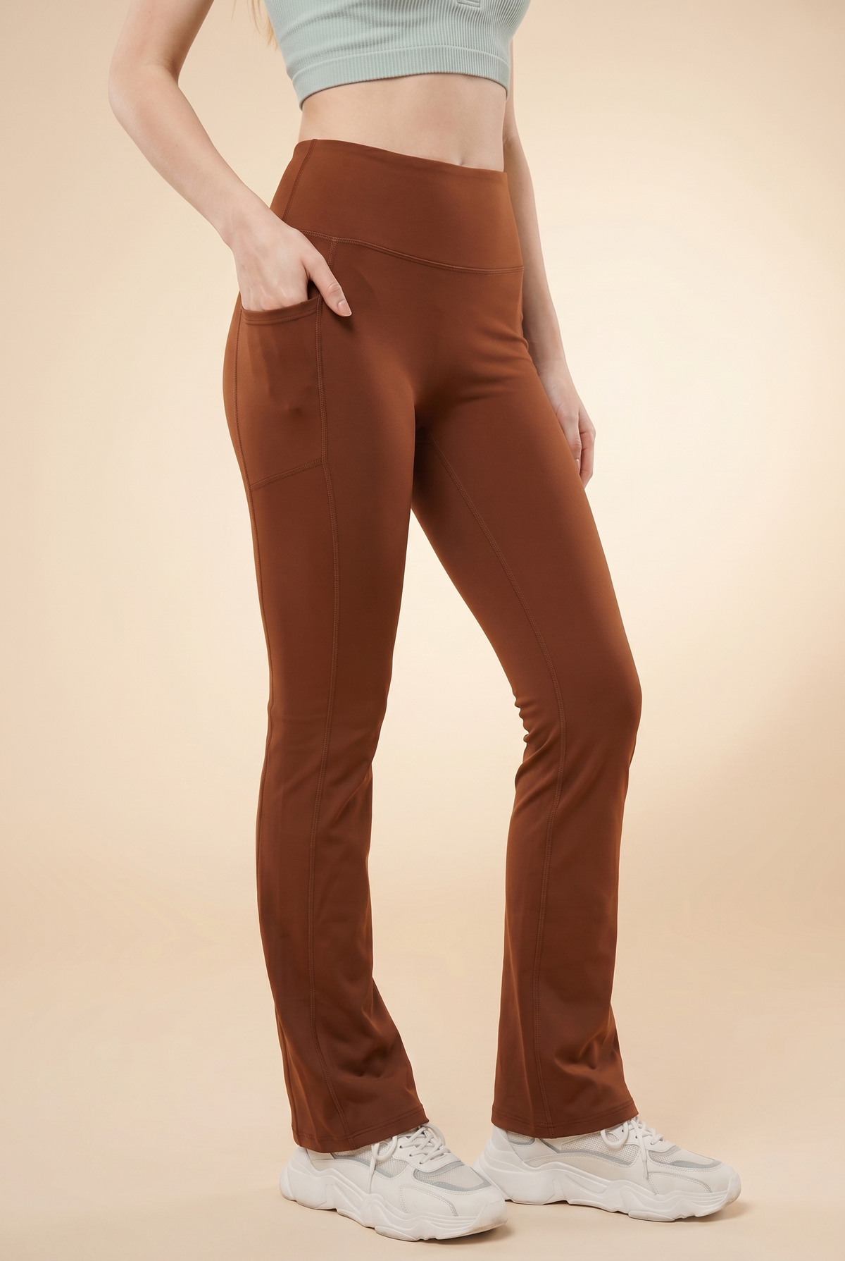 SoftTouch Pocket High-Waist Flare Legging in Brown